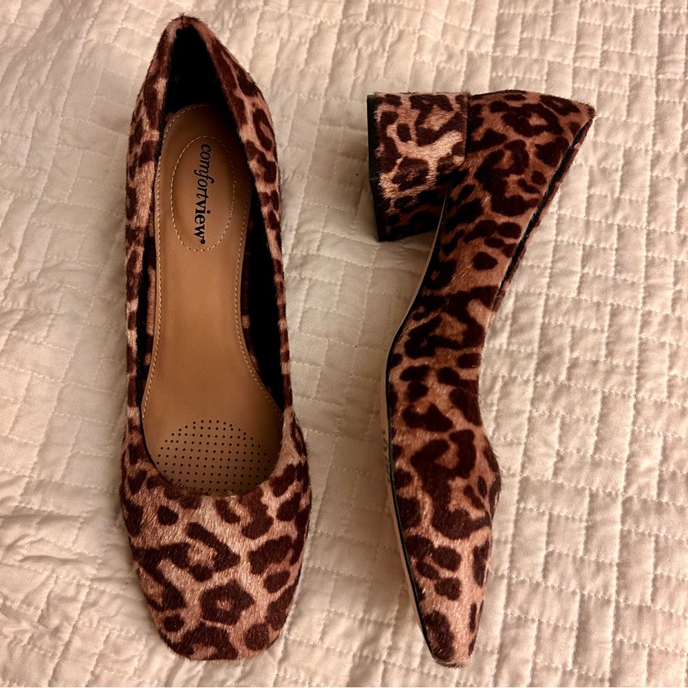 Comfortview Leopard Print Furry Textured Low Chunky Heel Shoes Pumps 11